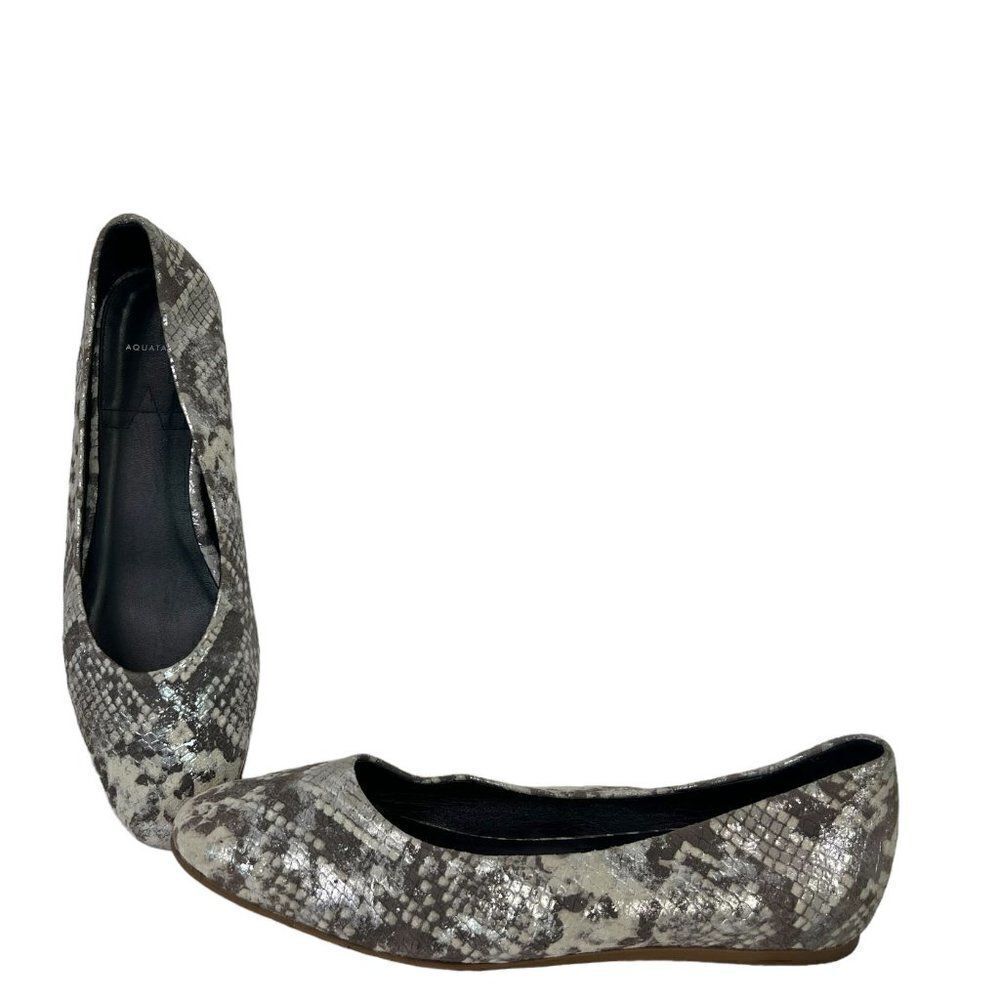Aquatalia Cierra Metallic Leather Snakeskin Gray & Silver Ballet Flat Size 8.5